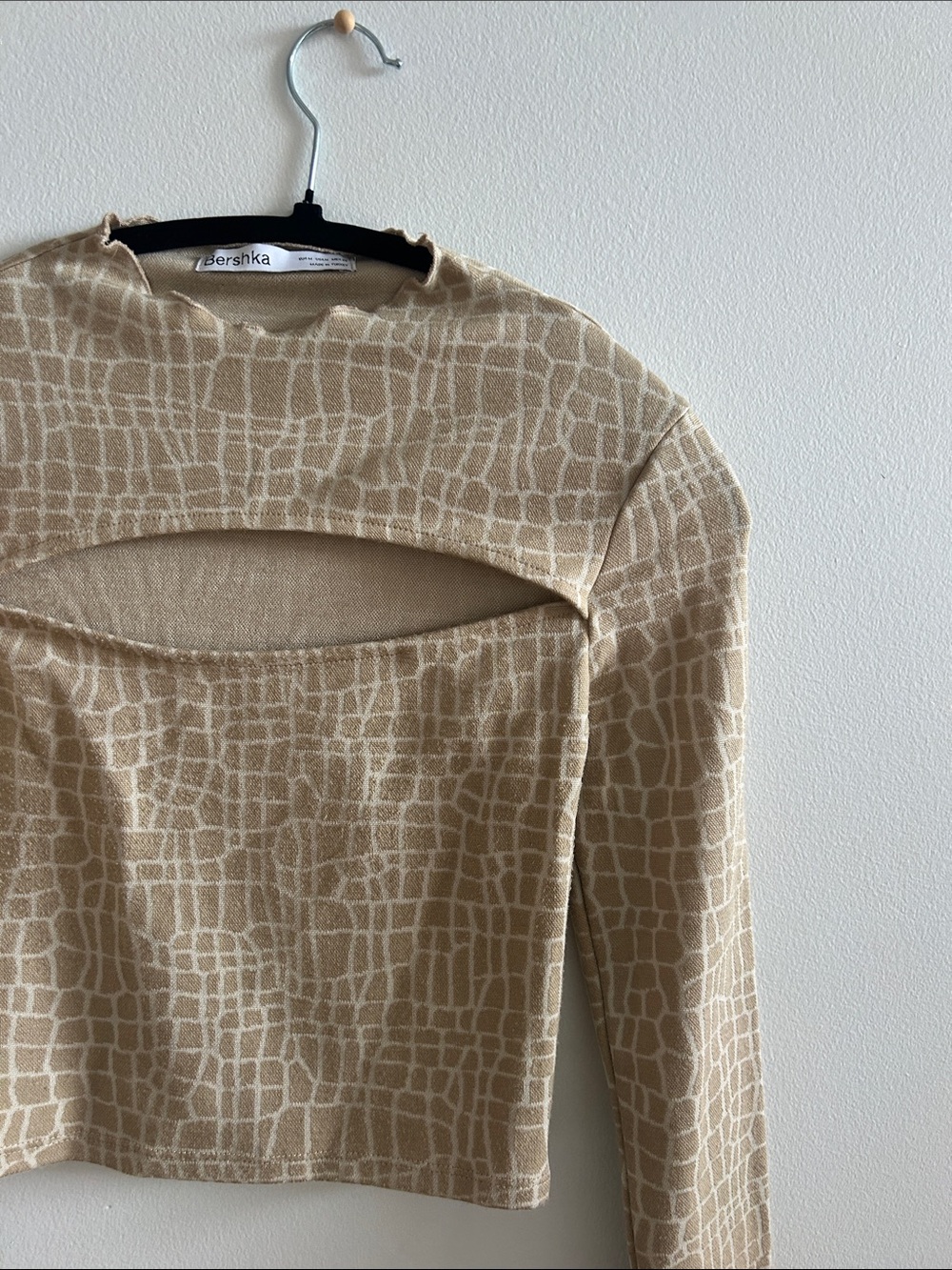Bershka Beige Cutout Jacquard Crewneck Sweater